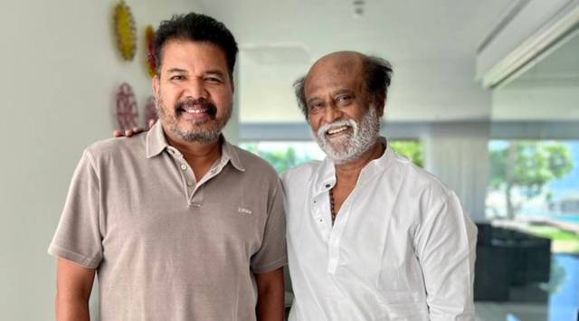 Director Shankar at Rajinikanth's residence. 