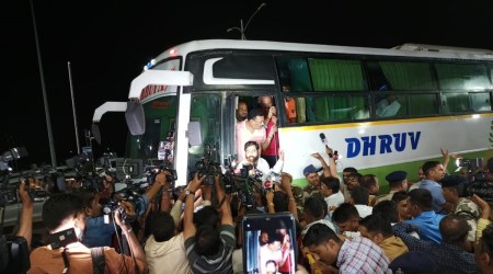 Shiv Sena MLA at Surat airport Wednesday early morning. (Express photo by Kamaal Saiyed)
