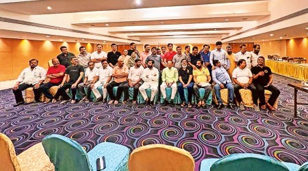 The rebel Maharashtra MLAs at a hotel in Surat on Tuesday. PTI