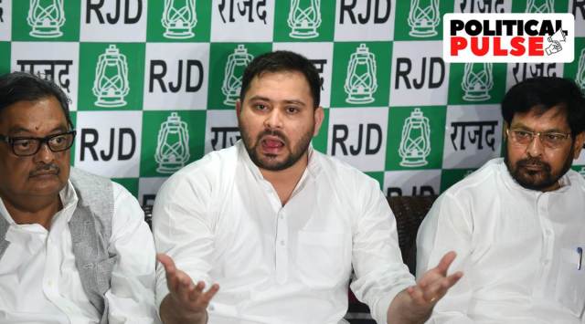 Leader of Opposition in Bihar Assembly Tejashwi Yadav addresses a press conference in New Delhi, Sunday, June 19, 2022. (PTI Photo/Atul Yadav)