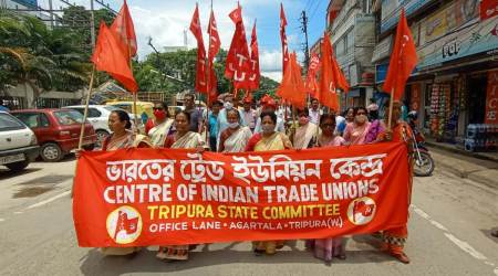 CITU activists take out a rally against Agnipath scheme at Agartala. (Express Photo: Debraj Deb)