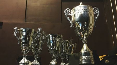 trophies lined up for a contest