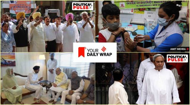 Clockwise from top left: Punjab Congress leaders who joined BJP; A boy getting Covid vaccine shot; Odisha CM Naveen Patnaik; Sidhu Mossewala's parents with Amit Shah 