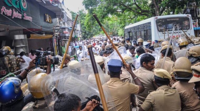 AIADMK power tussle, AIADMK newsChennai: Security personnel attempt to maintain law and order after two groups of suspected AIADMK workers clashed outside the party headquarters, in Chennai, Monday, July 11, 2022. (PTI Photo)
