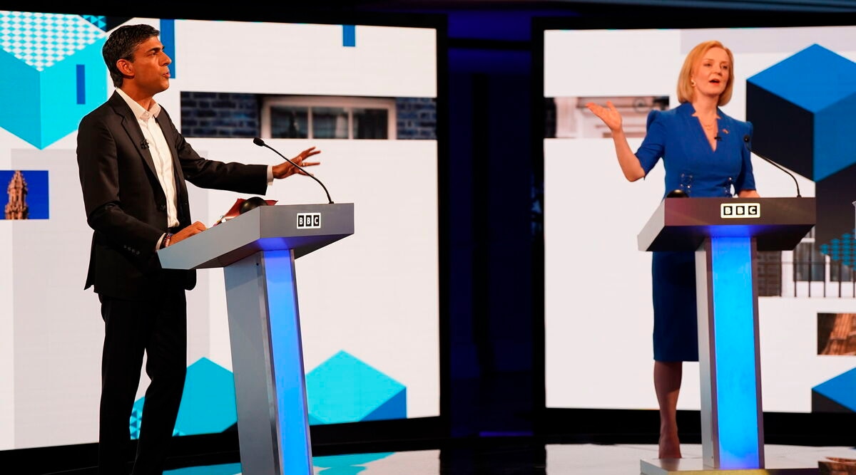 Liz Truss and Rishi Sunak during the BBC Conservative Party leadership debate in Stoke-on-Trent, England, Monday July 25, 2022. Foreign Secretary Liz Truss and former Treasury chief Rishi Sunak are battling to succeed Boris Johnson as head of Britain’s governing party. (AP)