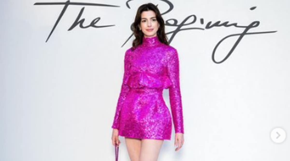 Anne Hathaway's Pink Valentino Sequin Minidress and Heels