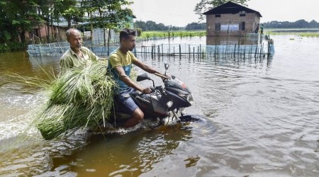 A motorcyclist wades  through a flooded road, in Kamrup district of Assam, Wednesday, June 22, 2022. (PTI Photo) 