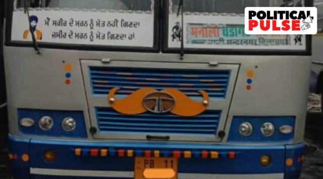 Image of Bhindranwale on a bus in Punjab. (Express Photo)
