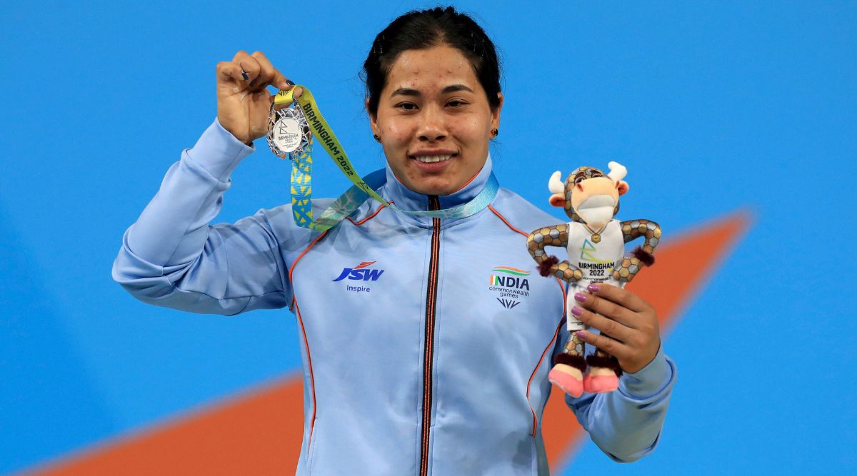 Silver medalist India's Bindyarani Devi Sorokhaibam celebrates after the Women's 55kg weightlifting event at The NEC on day two of the Commonwealth Games in Birmingham, England. (AP)