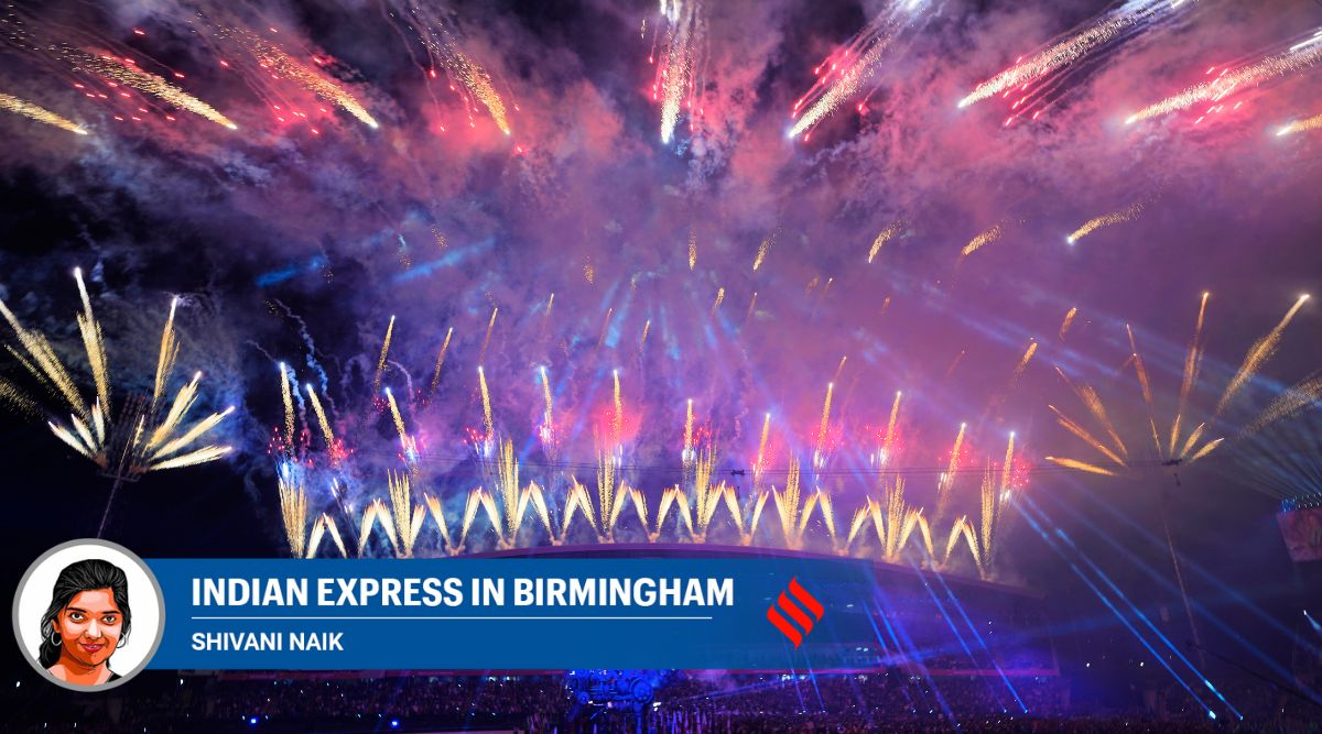 Fireworks explode during the Commonwealth Games opening ceremony at the Alexander stadium in Birmingham, England. (AP)