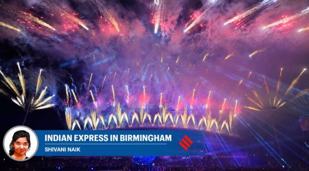 Fireworks explode during the Commonwealth Games opening ceremony at the Alexander stadium in Birmingham, England. (AP)