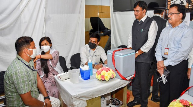 Union Minister for Health and Family Welfare Mansukh Mandaviya launches the nationwide ‘Covid Vaccination Amrit Mahotsava’ at government Covid Vaccination Centres (CVCs) for the next 75 days, at Nirman Bhawan in New Delhi. (PTI Photo)