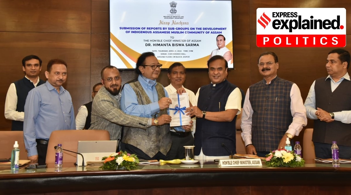 Assam Chief Minister Himanta Biswa Sarma and others at the release of a subcommitte’s report on indigenous Assamese Muslims in Guwahati. (Express Photo)