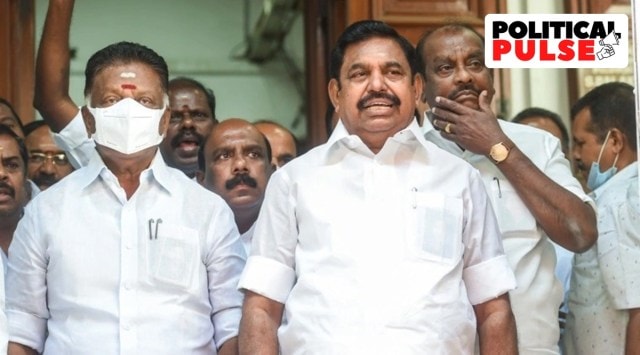 AIADMK leaders E Palaniswami and O Panneerselvam, along with party MLAs, stage a walkout during the Tamil Nadu Assembly Session, at the secretariat, in Chennai. (PTI, file)