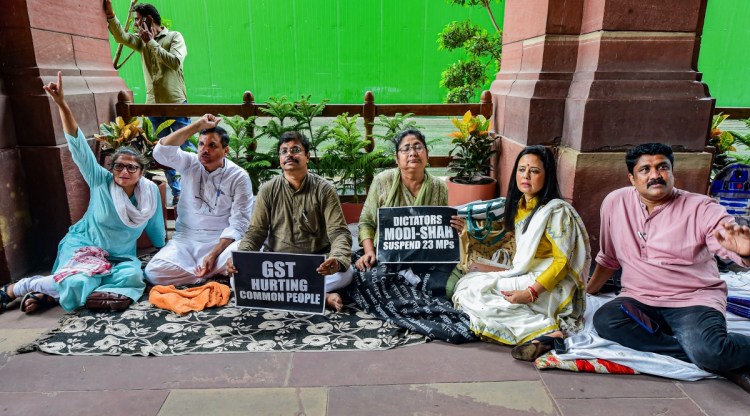 New Delhi: TMC MP Mahua Moitra joins suspended MPs in their protest at Parliament House during ongoing Monsoon Session, in New Delhi, Thursday, July 28, 2022. (PTI Photo)