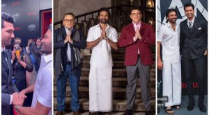 Dhanush walks the red carpet in veshti, hugs Vicky Kaushal at The Gray Man premiere in Mumbai