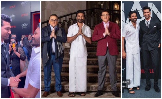Dhanush walks the red carpet in veshti, hugs Vicky Kaushal at The Gray Man premiere in Mumbai