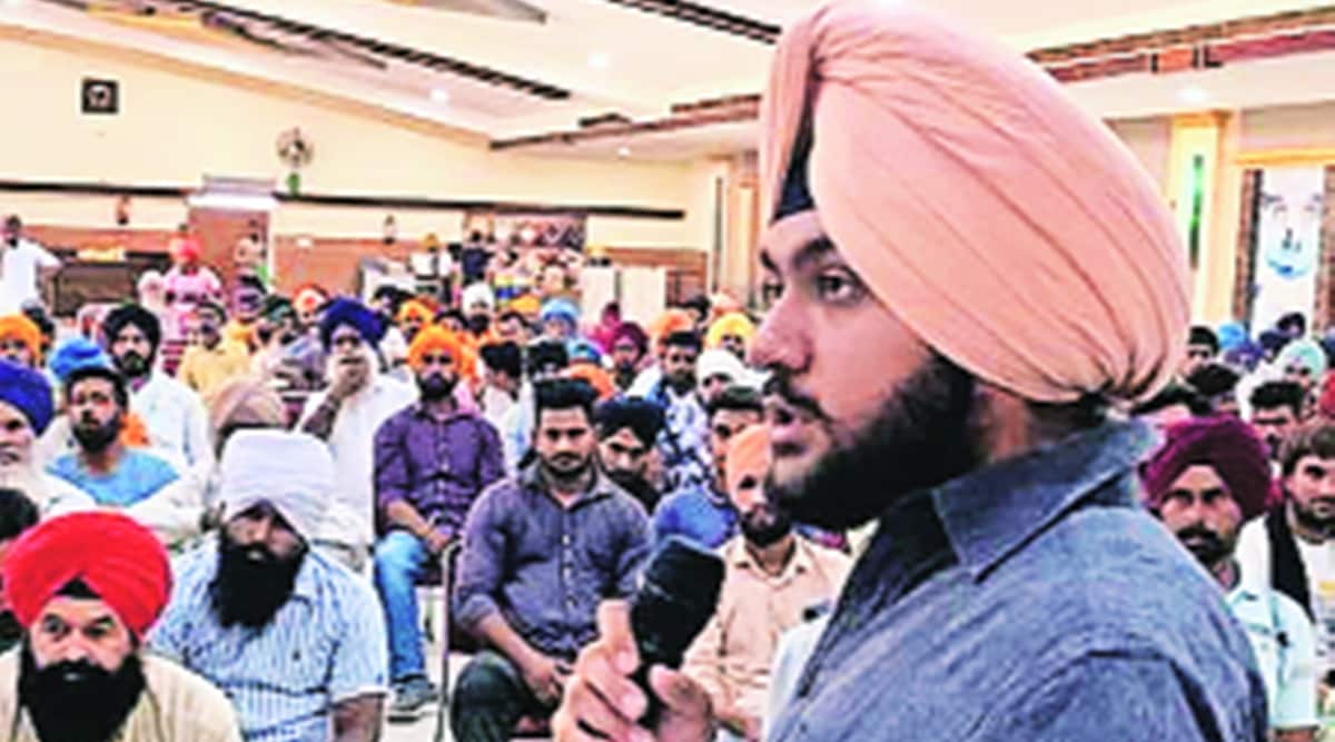 Simranjit Mann’s 24-year-old grandson Govind Singh Sandhu addresses a gathering. (Express photo)
