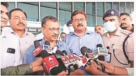 Arvind Kejriwal at Porbandar airport. (Express Photo)