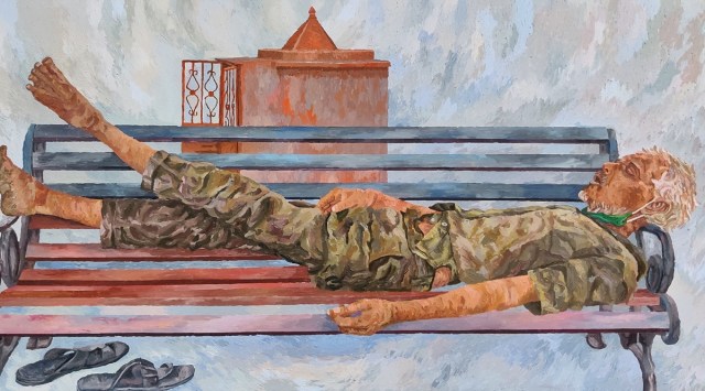 The exhibition features four acrylic works on 6x3 feet canvas with human subjects getting a shut-eye, on public benches or in front of closed shops. (Express Photo)