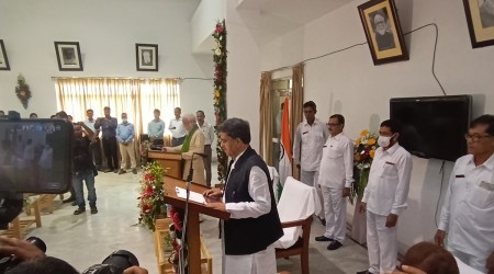Chief Minister Dr Manik Saha takes the oath of office as MLA at the Tripura Assembly on Friday. (Express Photo/Debraj Deb)