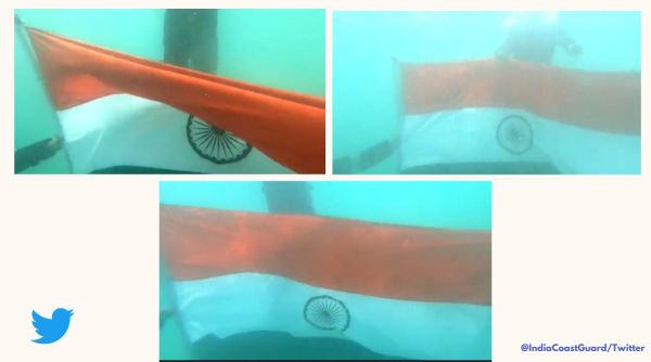 Indian Coast guard, Indian coast guard national flag underwater, Indian coast guard underwater flag demo, Indian coast guard har Ghar tiranga,
