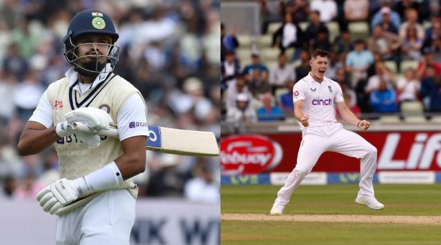 England Matt Potts (left) celebrates after taking the wicket of Shreyas Iyer on Day 4 of the fifth Test match at Edgbaston, Birmingham. (AP)