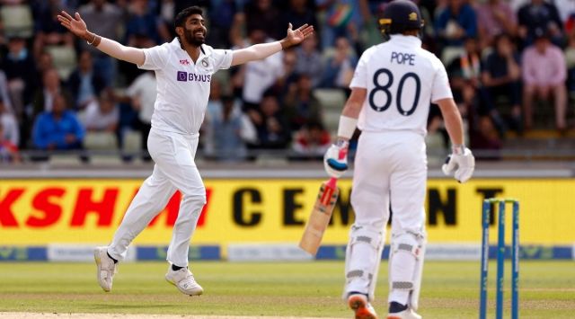 ndia's Jasprit Bumrah celebrates after taking the wicket of England's Ollie Pope, caught by Rishabh Pant. (Reuters)