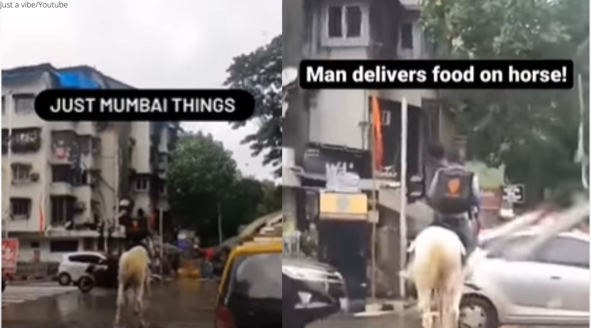 Horsexxxvideos - Man rides horse to deliver food amid Mumbai rains. Watch video | The Indian  Express