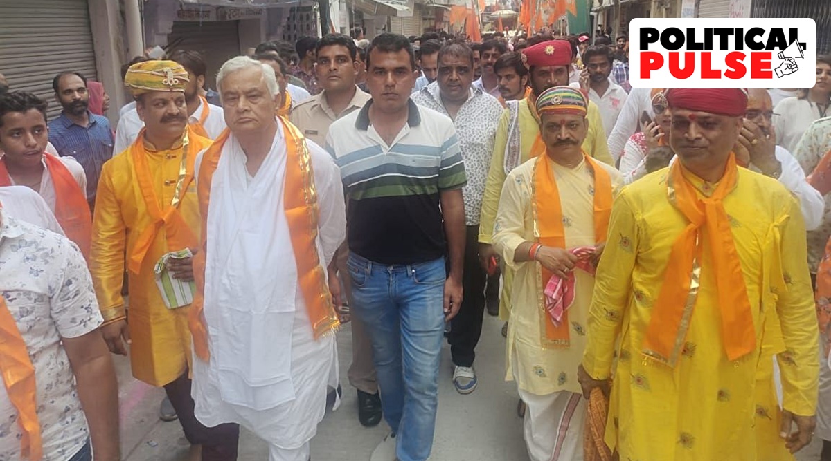 BJP Rajya Sabha MP Kirodi Lal Meena taking part in a rath yatra organised in Udaipur days after Kanhaiya Lal's murder. (Express photo)