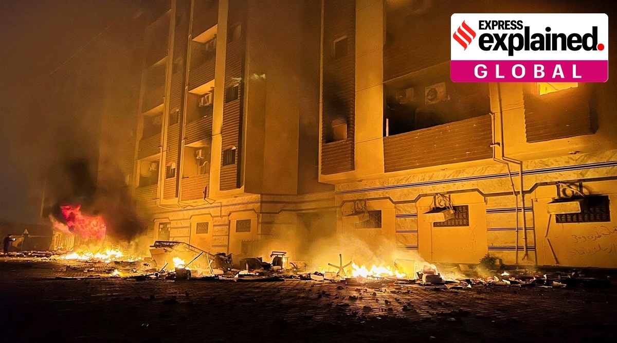 A view shows fire burning inside the Libyan parliament building after protests against the failure of the government, in Tobruk, Libya, July 1, 2022. (REUTERS)