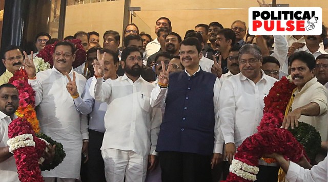 Chief Minister Eknath Shinde and Deputy CM Devendra Fadnavis with their supporters. (Express photo by Ganesh Shirsekar)