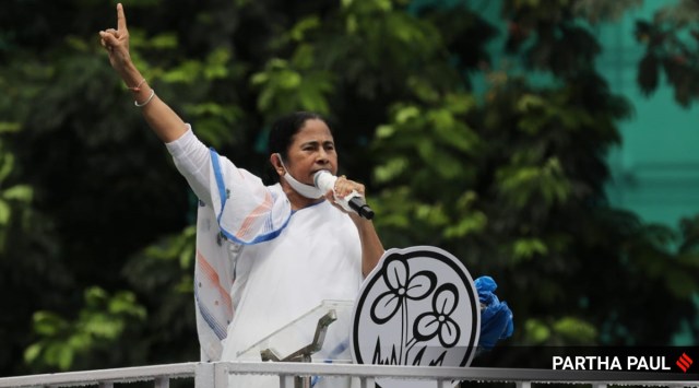 West Bengal CM Mamata Banerjee addresses the Shaheed Diwas rally in Kolkata on Thursday. (Express Photo: Partha Paul)