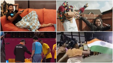 Clockwise from left: Tejaswin Shankar; Emma Lou and Perry the Bull; Mirabai Chanu’s family celebrates with national flag; Malaysia coach Hendrawan gives his shoes to Jamaica national champion Samuel Rickets.