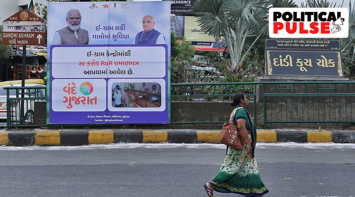 Posters of Vande Gujarat campaign have been put up in Ahmedabad. (Express photo by Nirmal Harindran)