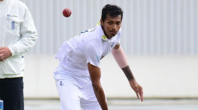 Navdeep Saini of Ken bowls against Lancashire's  Washington Sundar on Day 1. (Twitter/Kent Cricket) 