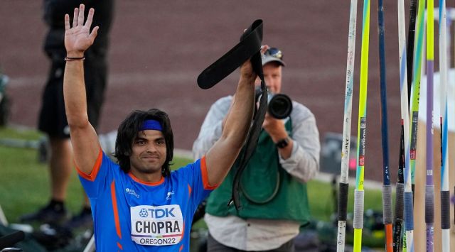 Neeraj Chopra, of India, waves after the men's javelin throw final at the World Athletics Championships. (AP)