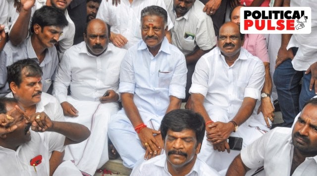 AIADMK leader O Panneerselvam along with his supporters at his party headquarters, in Chennai. (PTI)