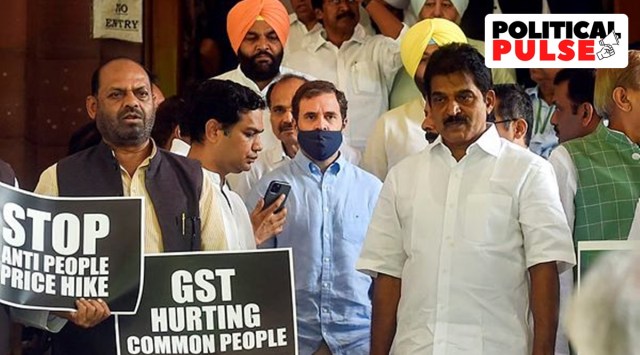 Congress MP Rahul Gandhi with party members at a protest over price rise and increase in GST on essential commodities, during ongoing Monsoon Session of Parliament. (PTI)