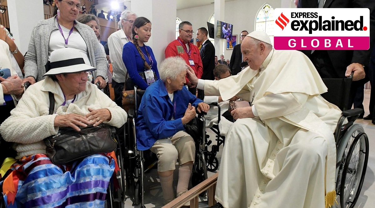 Pope Francis meets with indigenous peoples and members of the Parish Community of Sacred Heart in Edmonton, Alberta, Canada, July 25, 2022. (REUTERS)