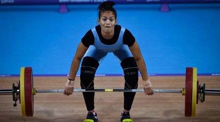 Popy Hazarika attempts a lift during the women's 59Kg weightlifting category match of the Commonwealth Games 2022 (CWG) (PTI)