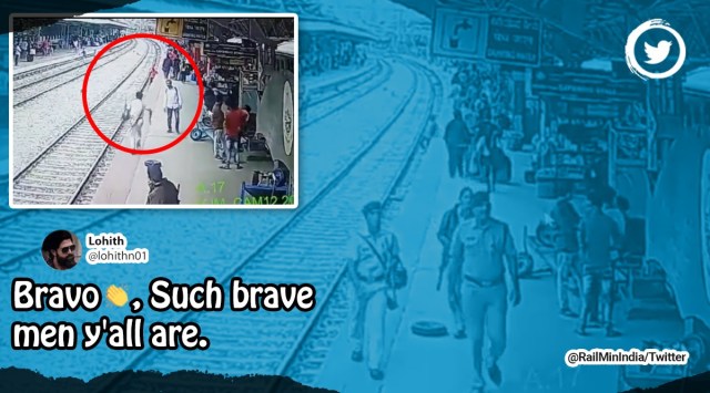 RPF save man’s life K.R. Puram station Bangaluru, dramatic rescue by RPF at Bengaluru, Railway Protection force rescue, RPF personnel save man seconds before train arrives, Indian Express