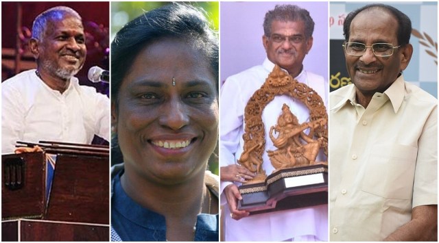 Ilaiyaraaja, P T Usha, Veerendra Heggade and Vijayendra Prasad. (File)