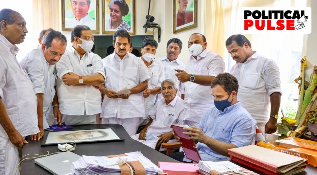 Congress leader Rahul Gandhi during his visit to his office at Kalpetta in Wayanad. Congress leader leader K.C. Venugopal is also seen. (PTI Photo)