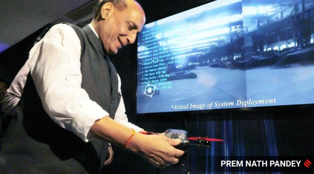 Defence Minister Rajnath Singh at the AIDef exhibition (Express Photo: Prem Nath Pandey)