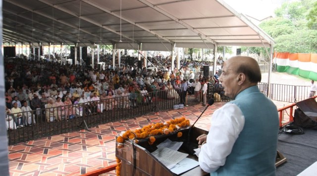 Defence Minister Rajnath Singh addresses a gathering during a function organised as part of the 23rd Kargil Vijay Divas celebrations at Gulshan Ground in Jammu. (Twitter @rajnathsingh)