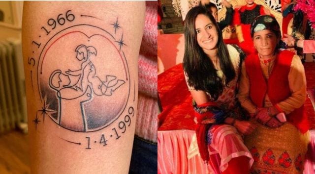 (Left) Renuka Singh's tattoo of her father on her arm, (right) Renuka with her mother at a village function earlier this year. (Express photos)