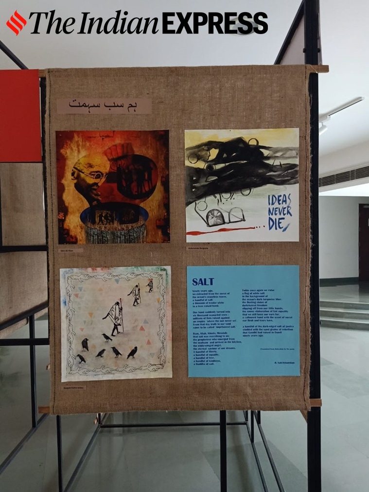 art, art exhibition, dissent, dissent through artworks, art exhibition on dissent, Hum Sab Sahmat: Reclaiming the Nation for its Citizens, Safdar Hashmi Memorial Trust (SAHMAT), poetry, Indian independence, 75 years of independence, indian express news