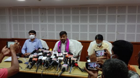 DWS minister Sushanta Chowdhury speaks to media at the state secretariat in Agartala. (Express Photo by Debraj Deb)
