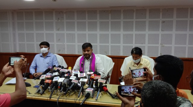 DWS minister Sushanta Chowdhury speaks to media at the state secretariat in Agartala. (Express Photo by Debraj Deb)
